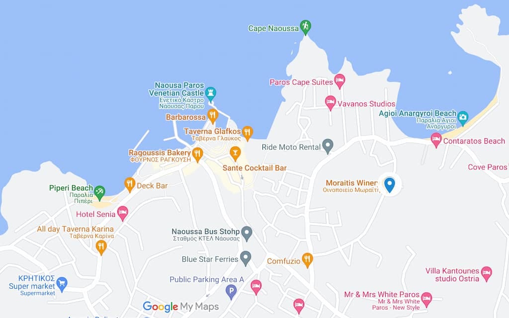 Map location of Moraitis Winery on Paros island