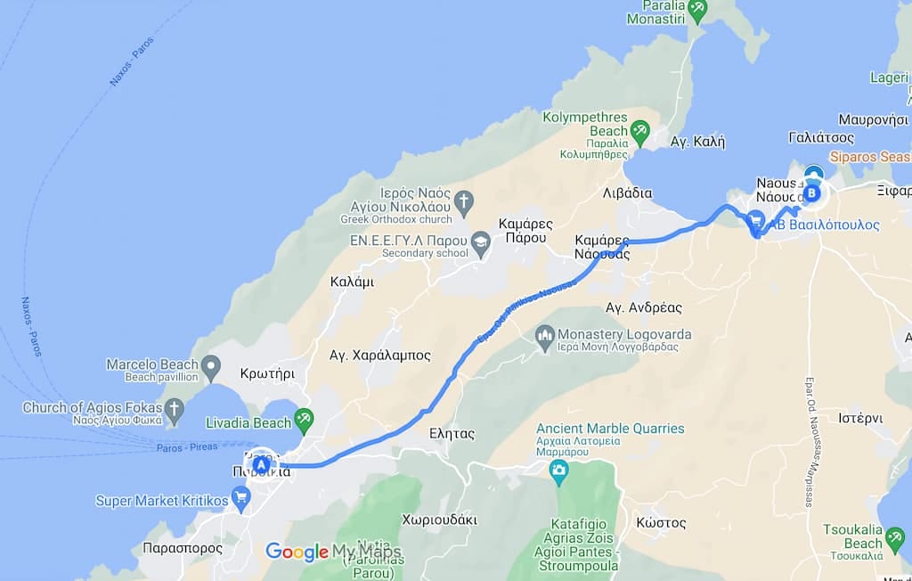 Route map from Parikia to Moraitis Winery in Paros