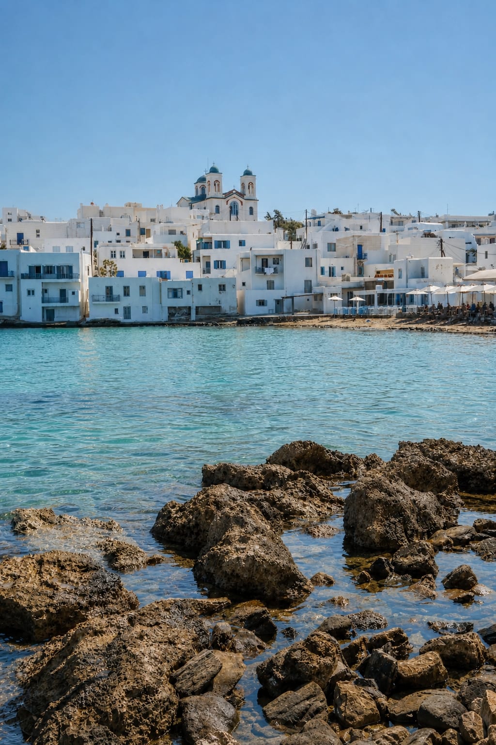 Naoussa Marina on Paros with boats along the waterfront