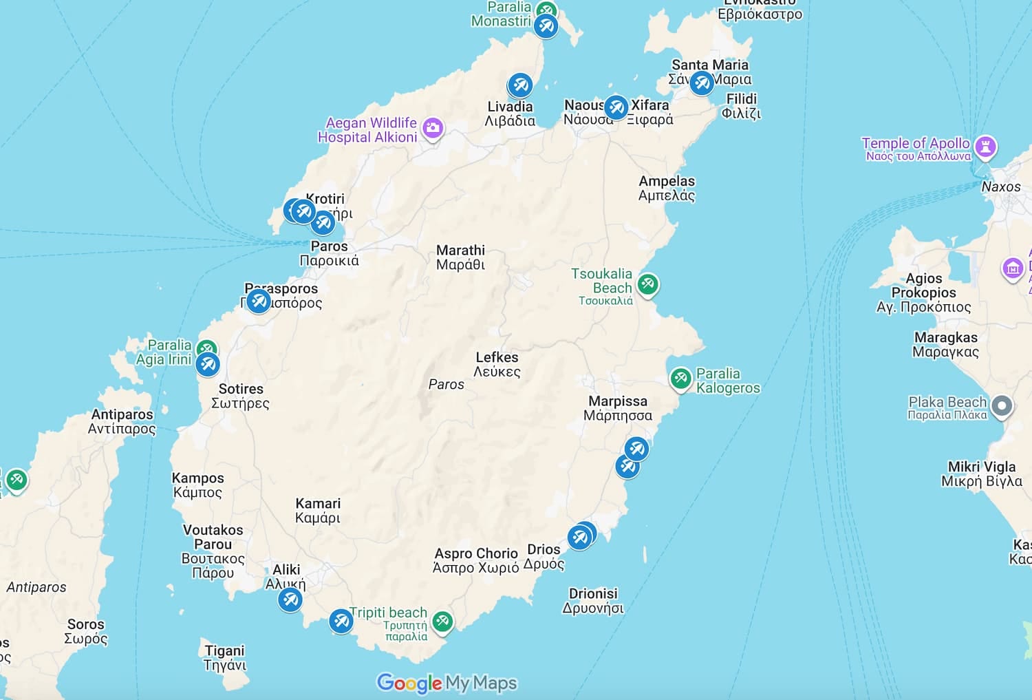 Map showing beach clubs around Paros island in Greece