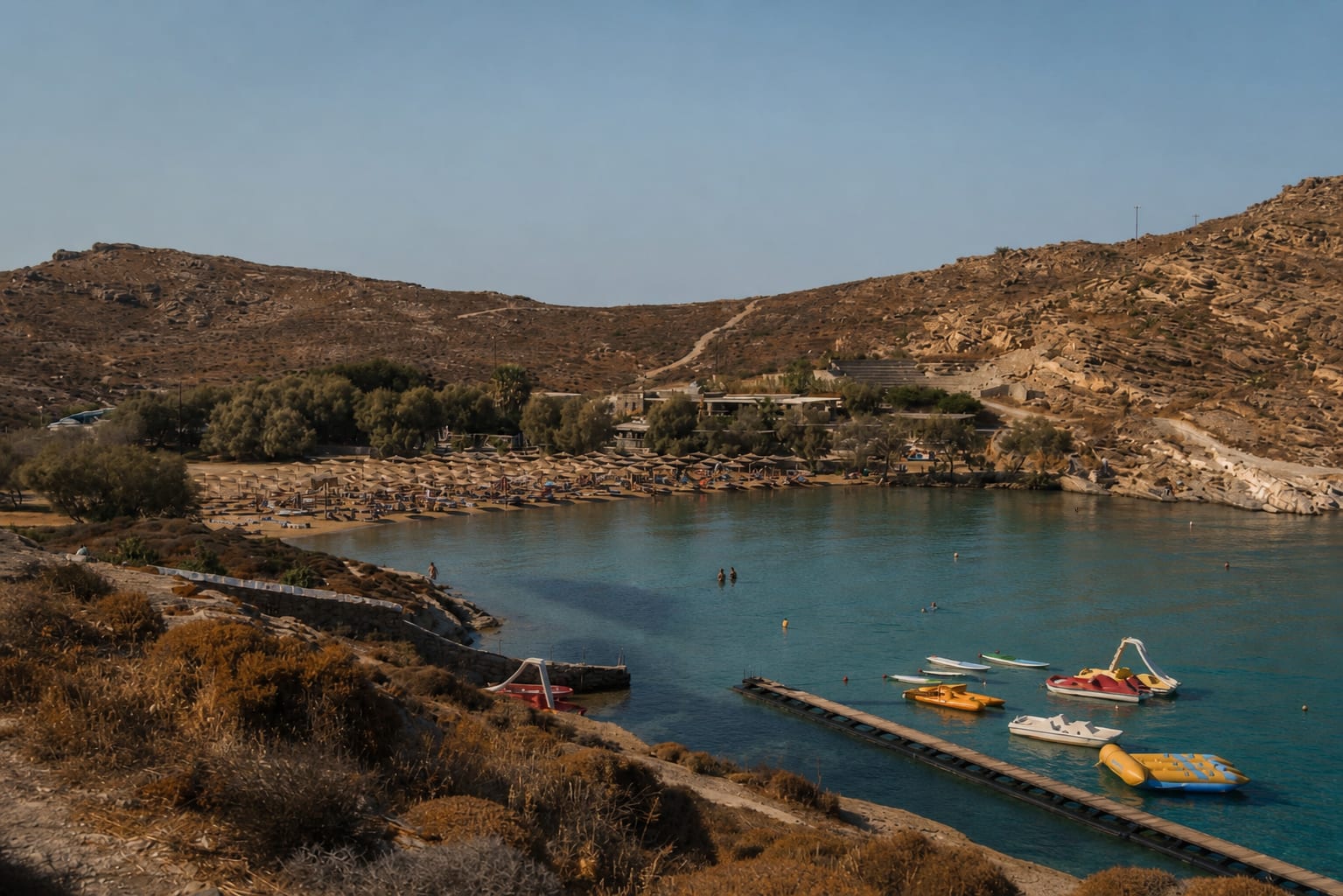 Monastiri Beach Club on Paros with seaside loungers and coastal views