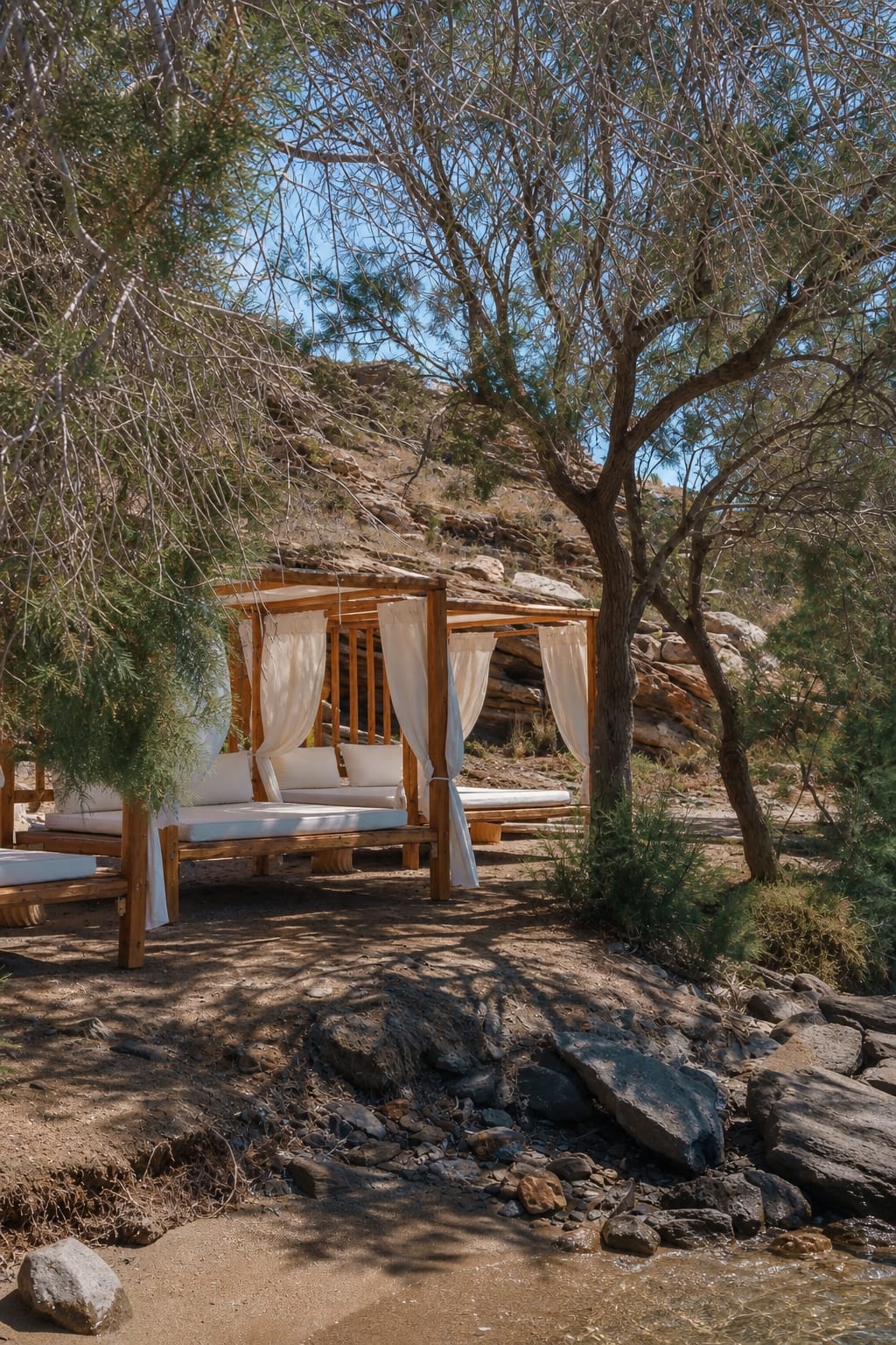 Monastiri Beach Club on Paros with sunbeds near the shoreline