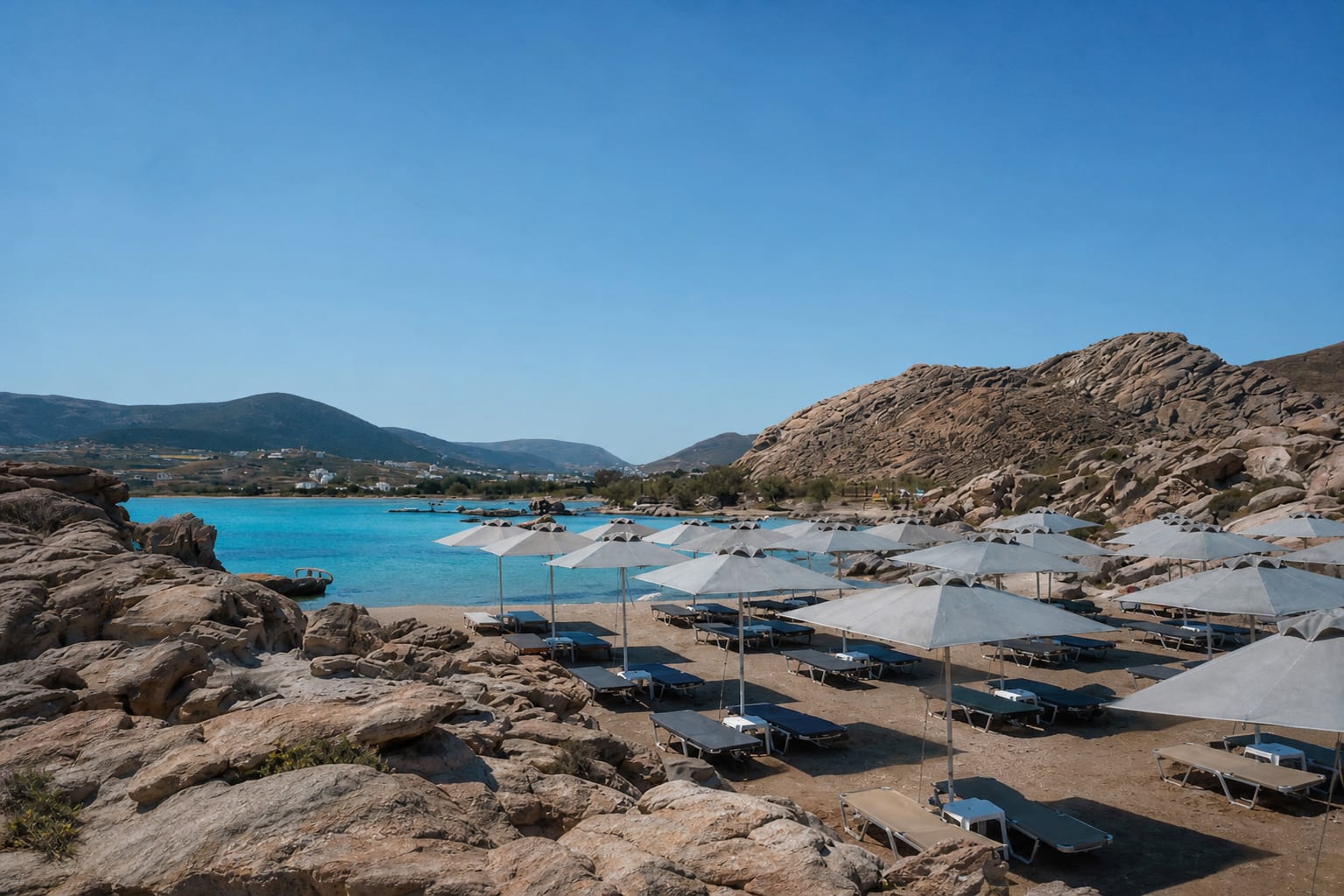 Paros on the Rocks beach club by the coastal shoreline