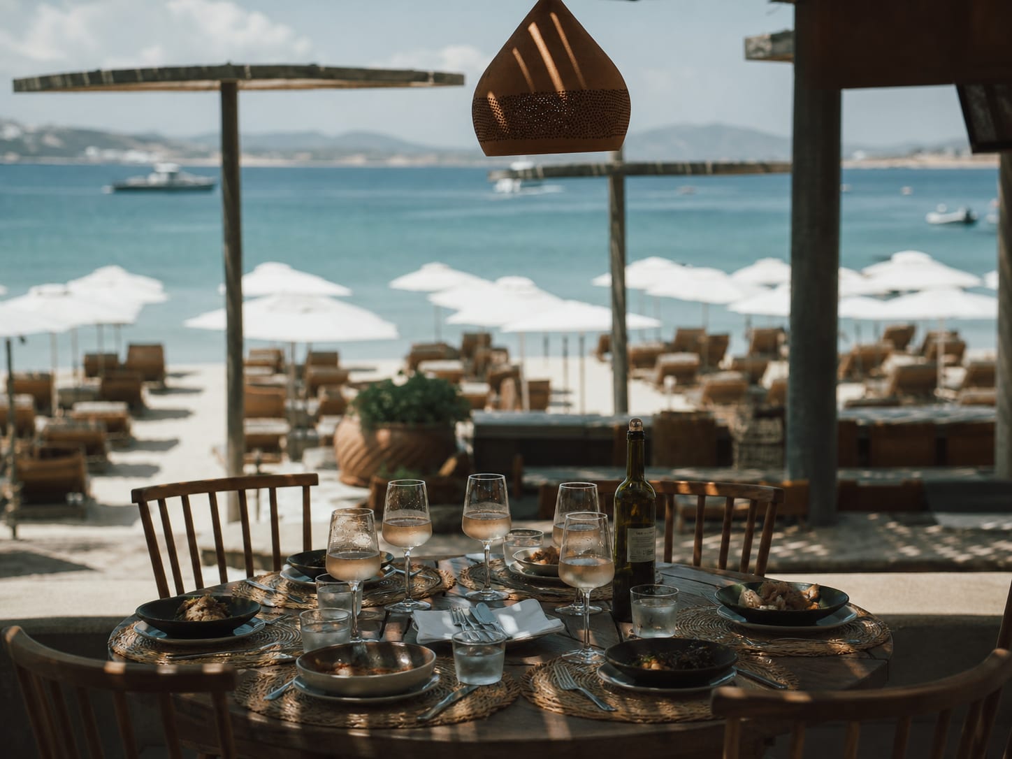 Crios Beach Bar on Paros with seaside loungers and coastal views