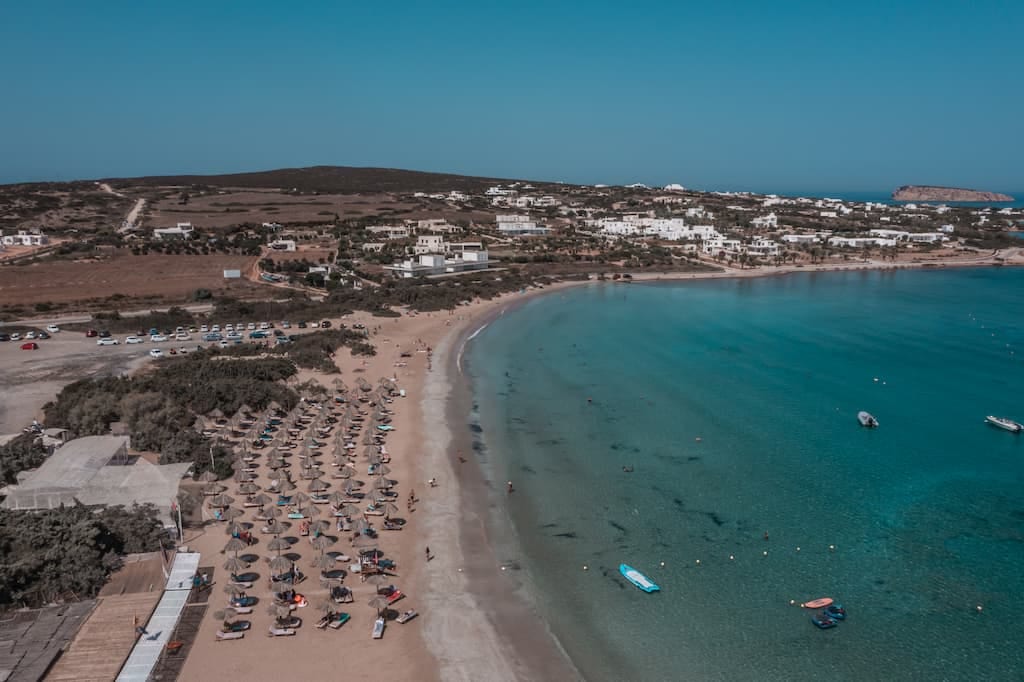 Santa Maria Beach Club on Paros with sandy coast and clear sea