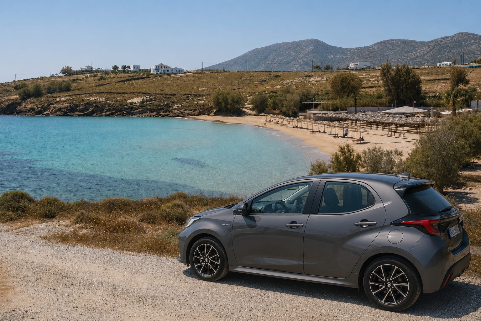 Pounda Beach on Paros with coastal scenery and clear blue water
