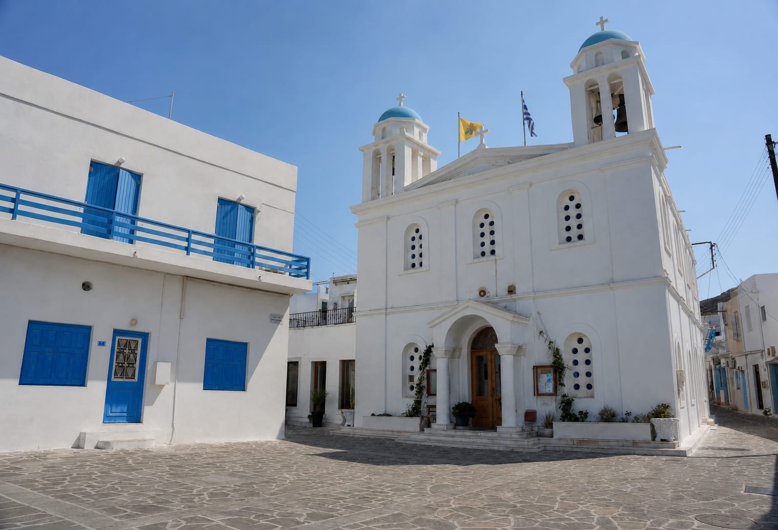 Parikia town on Paros with whitewashed streets and island scenery