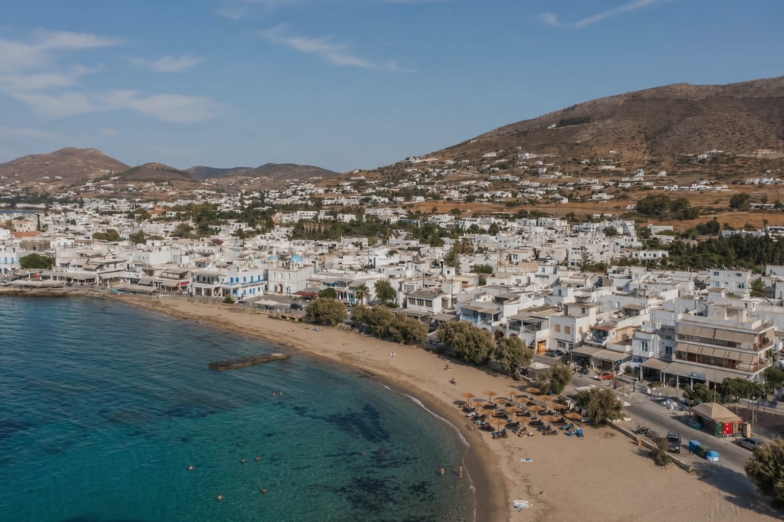 Aerial view of Parikia town and coastline on Paros