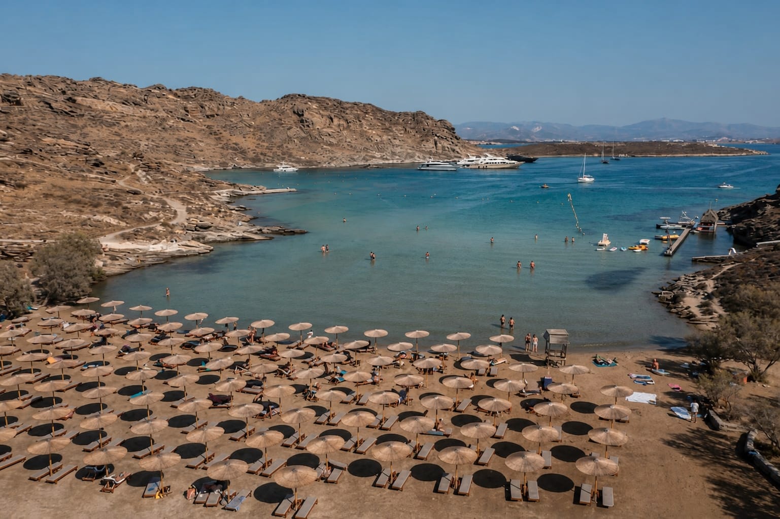 Monastiri Beach on Paros with turquoise water and rocky coastline