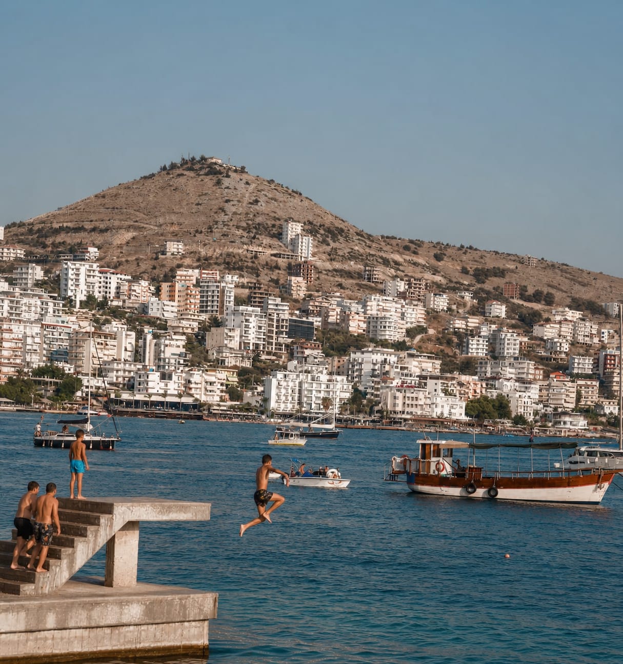 Clear coastal waters and seafront scenery in Sarandë.