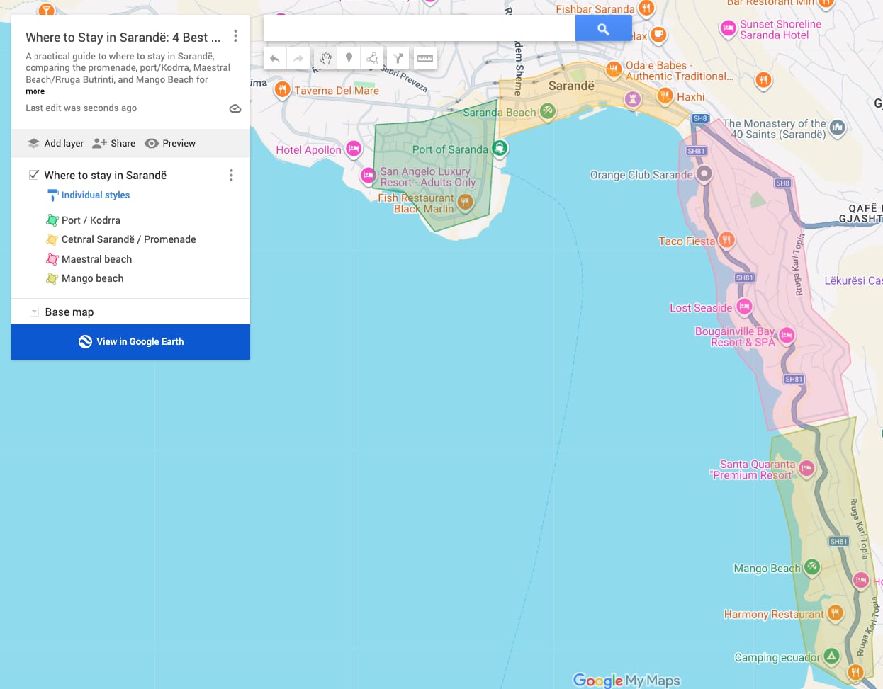 Map showing areas to stay in Sarandë, Albania.