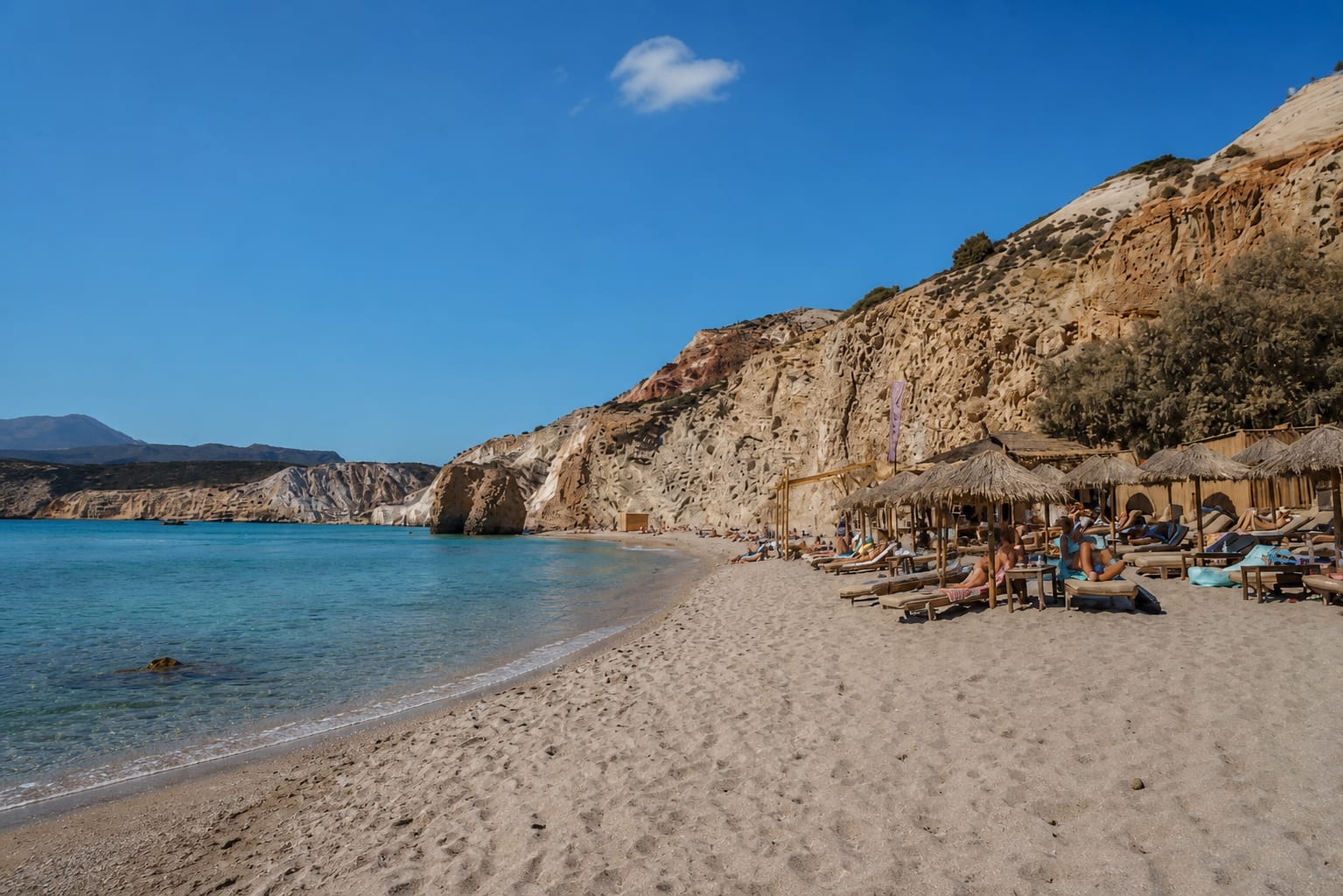 Firiplaka Beach with sandy shoreline on Milos island.