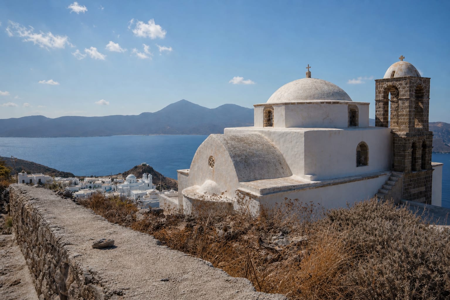 Traditional church in Plaka village on Milos island.