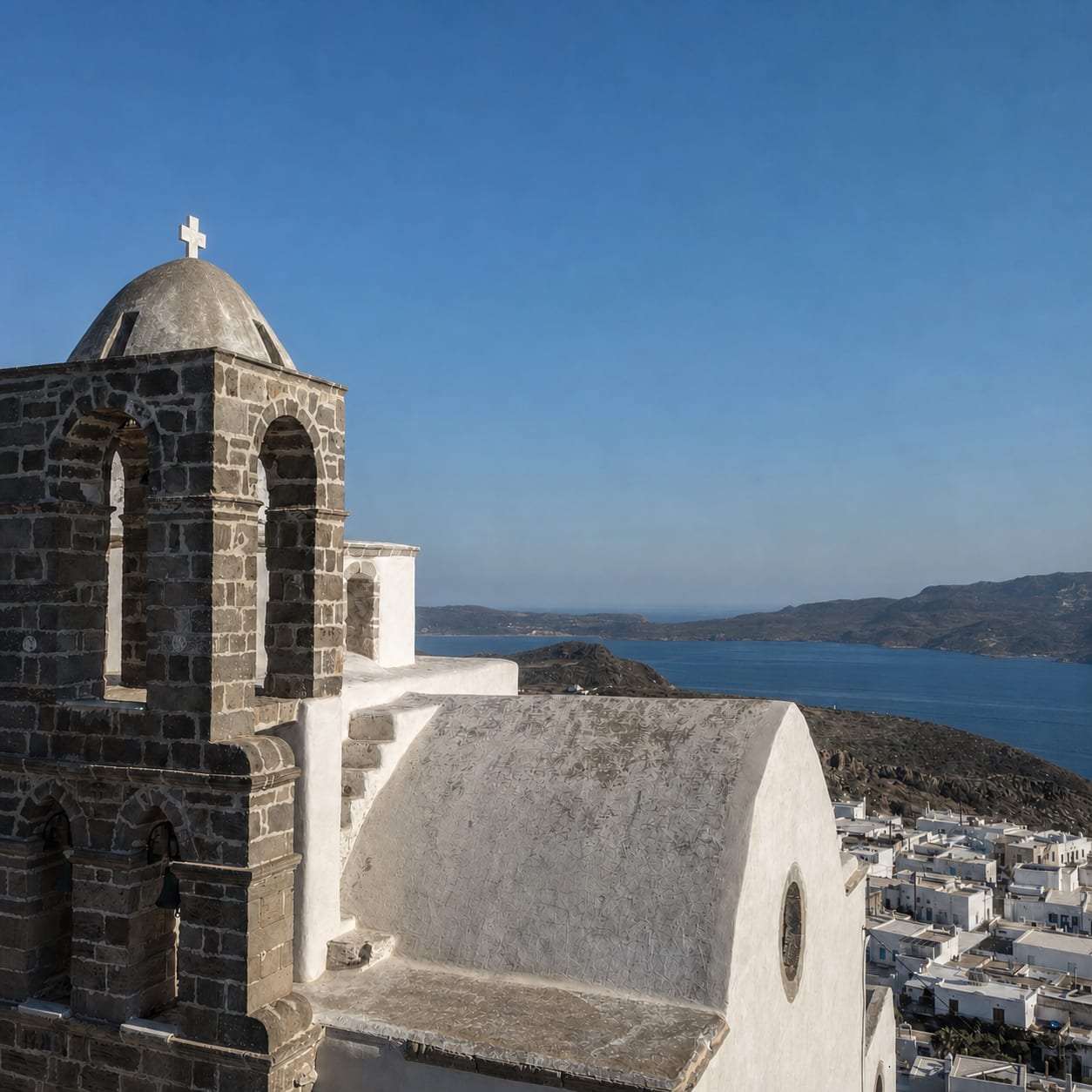 Whitewashed streets and traditional architecture in Plaka, Milos.