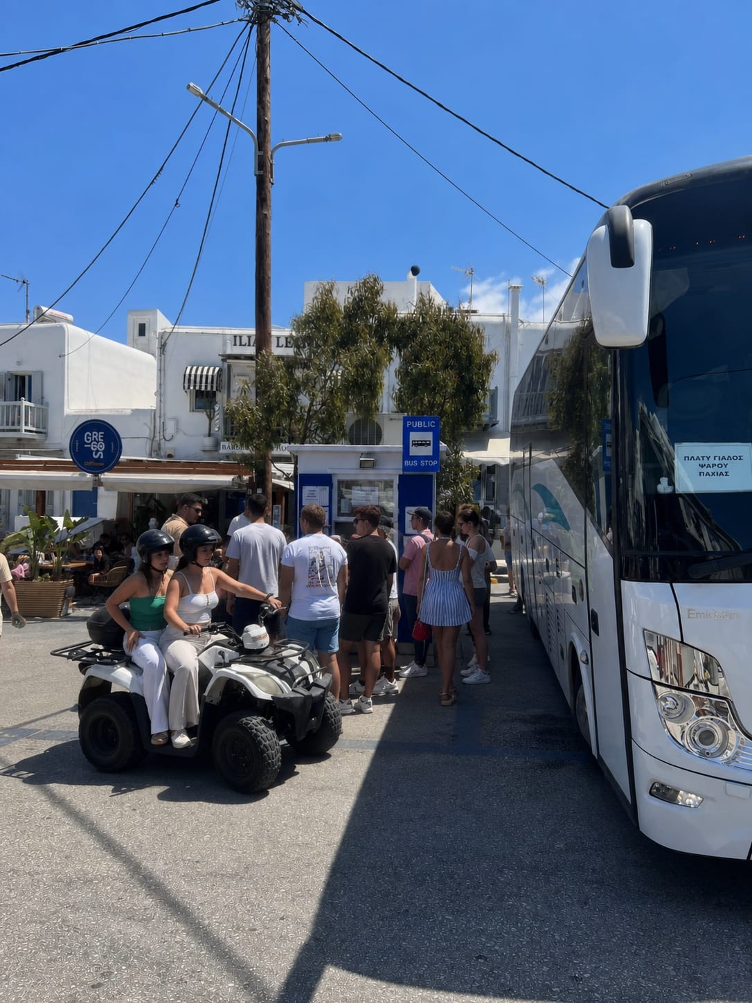 Mykonos bus stop for public transport around the island.
