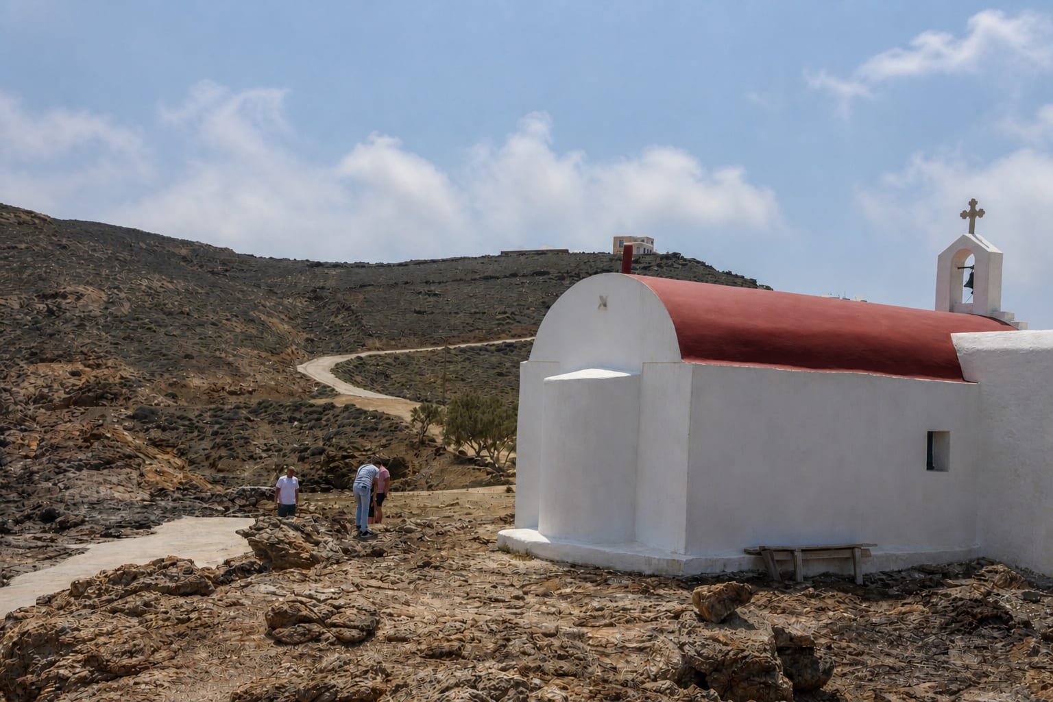 Merchia Beach and Saint Nicholas Church on Mykonos island.