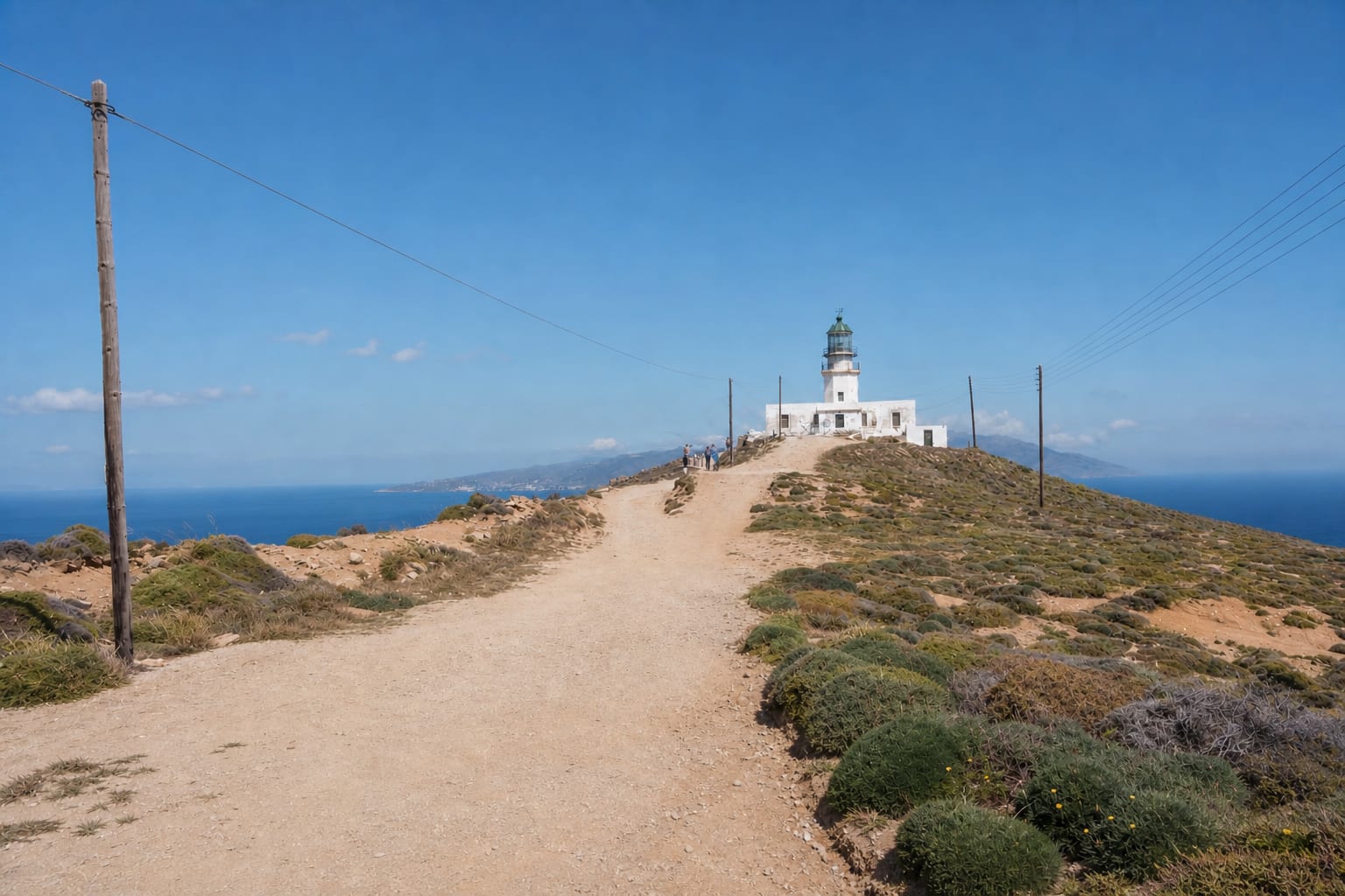 Armenistis Lighthouse on the coast of Mykonos island.