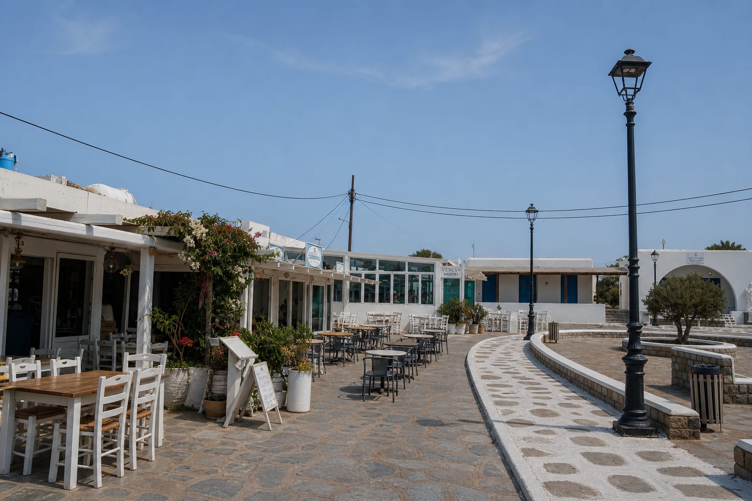 Ano Mera village on Mykonos, accessible by rental car.