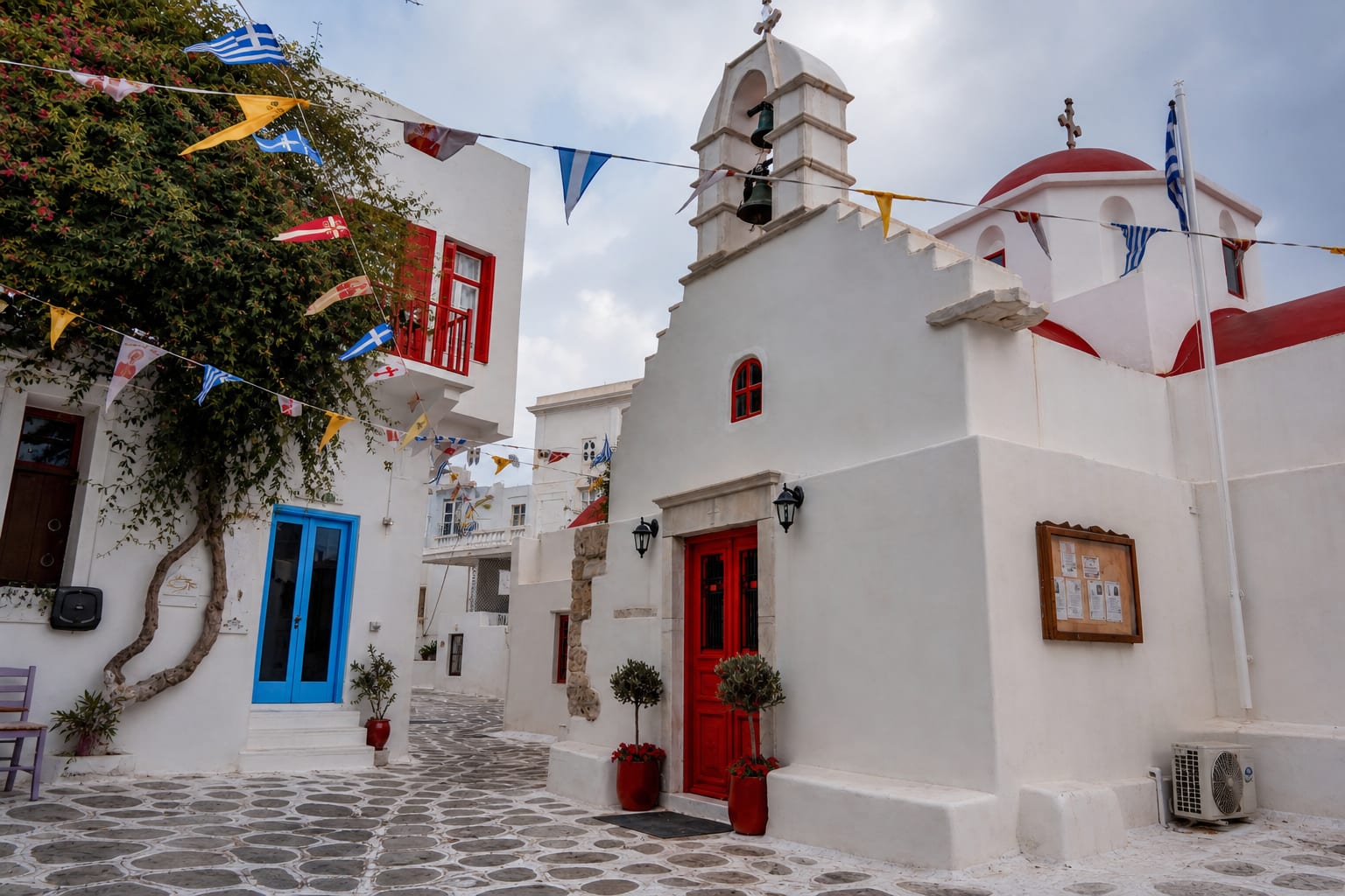 Mykonos island view with traditional town scenery and streets.