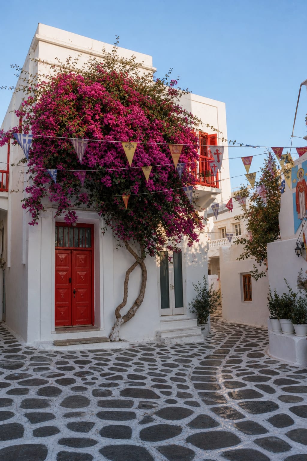 Mykonos island scene with local streets and architecture.