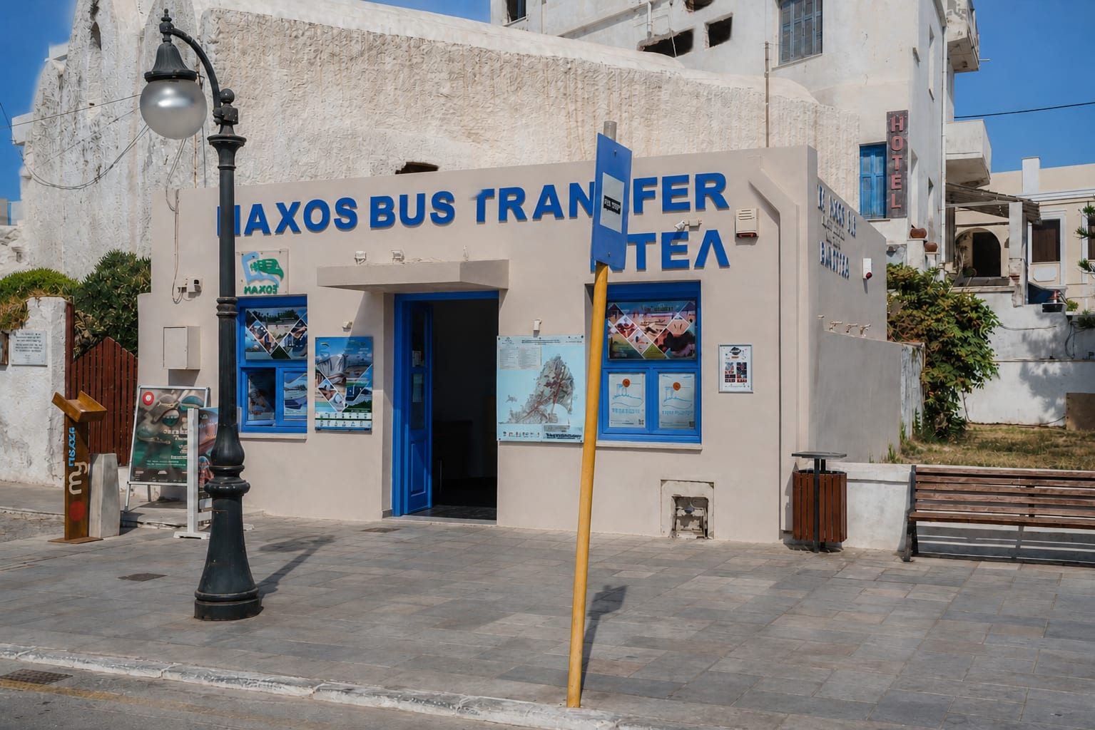 Bus stop in Naxos for local island transportation