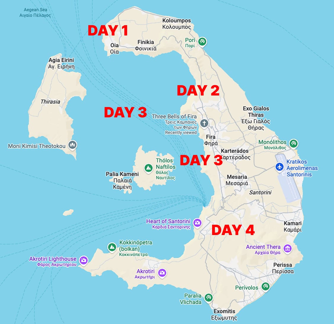 Map outlining a four-day Santorini itinerary with key island stops