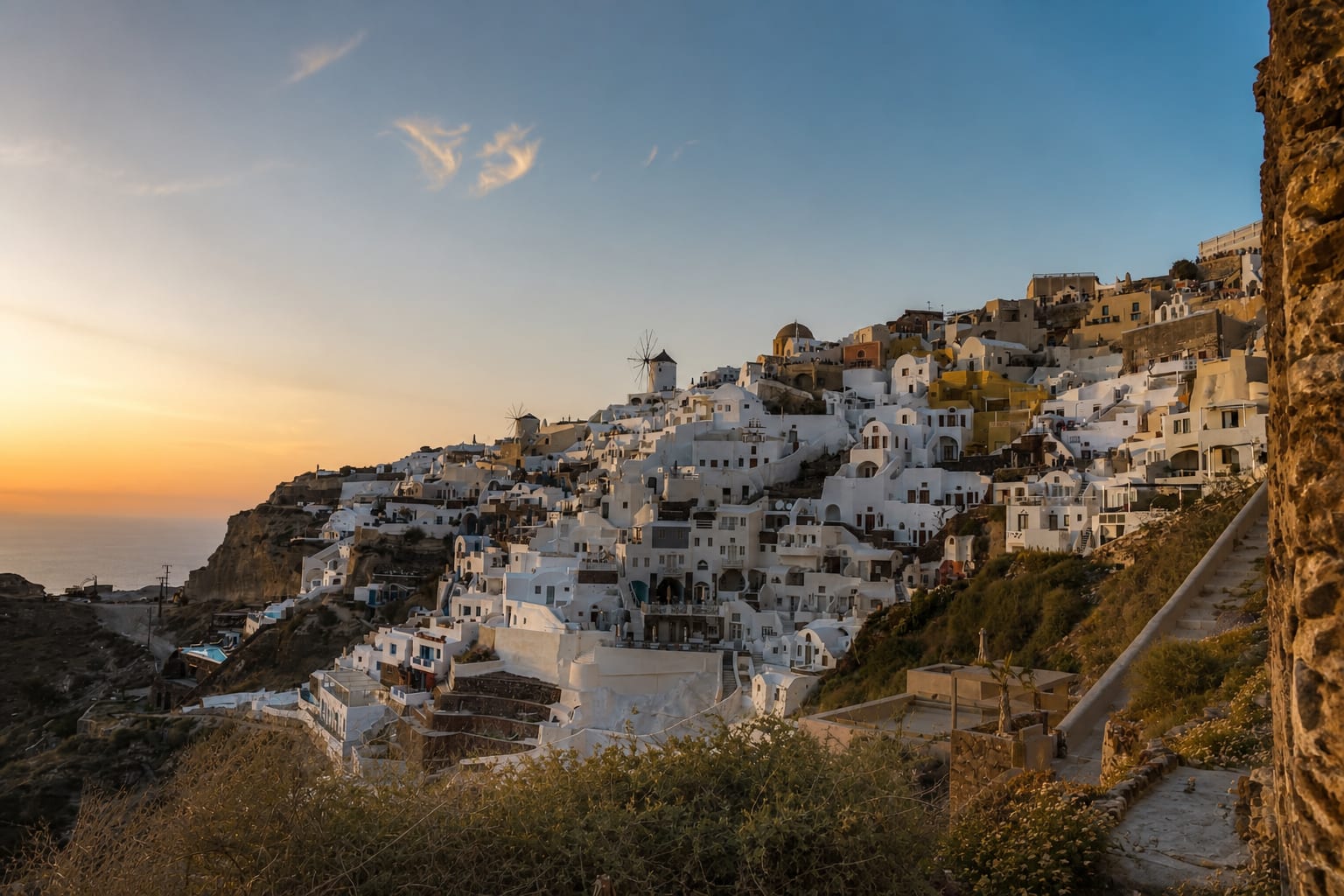 Golden sunset view from Oia Castle in Santorini