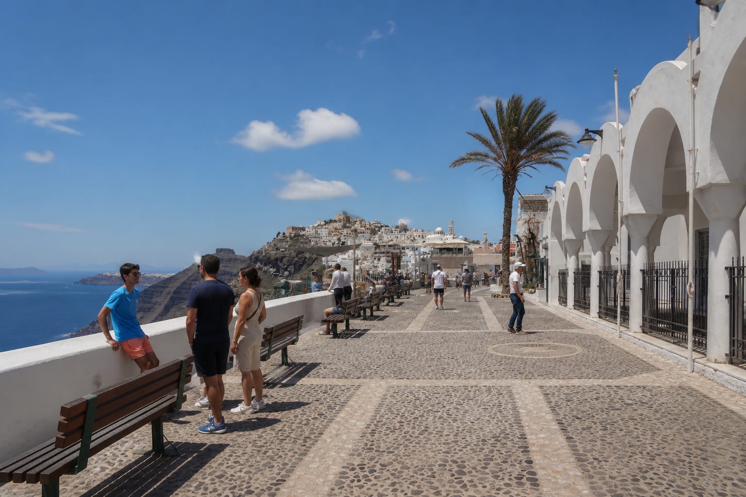 Scenic promenade in Fira with Santorini town views
