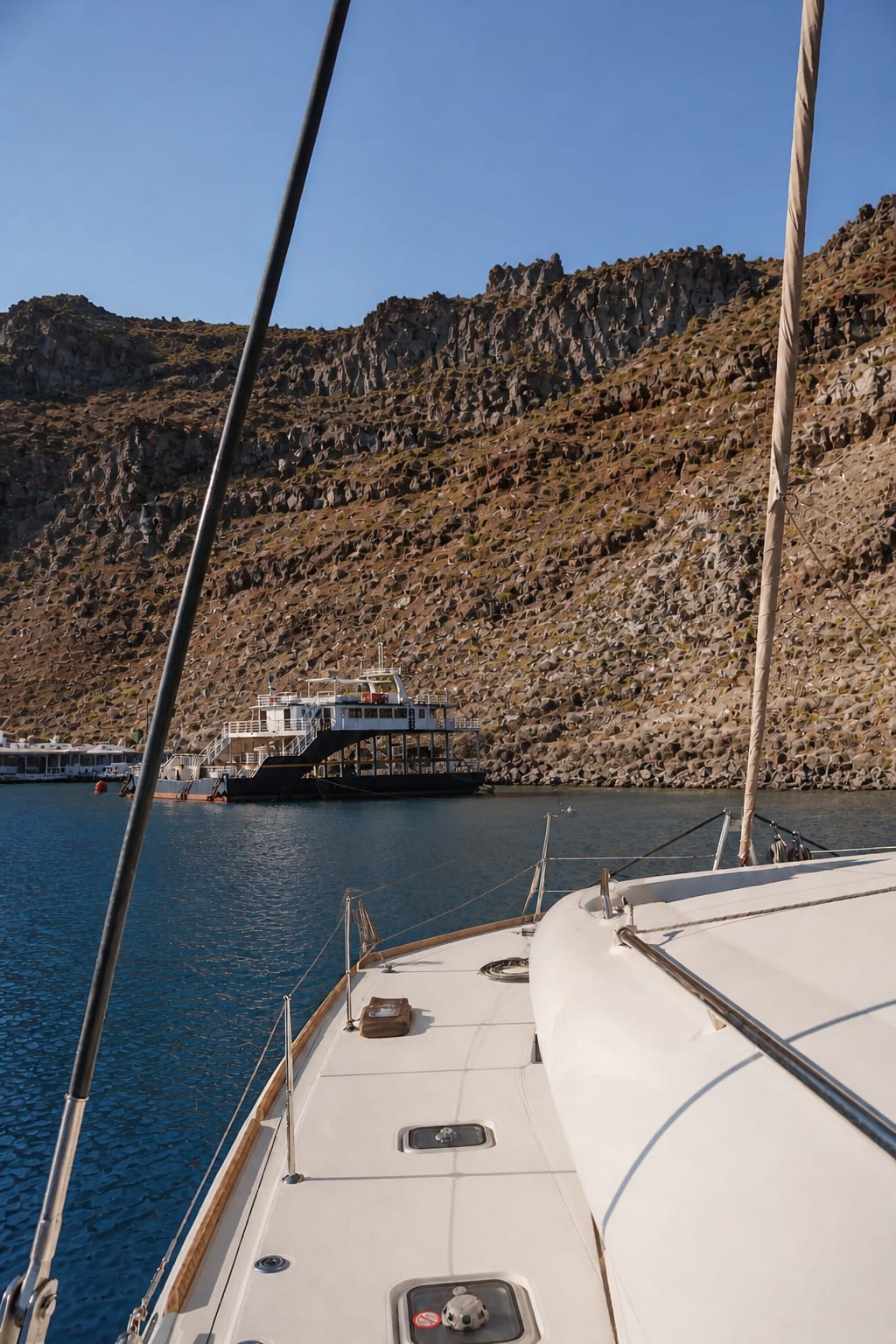Sunset cruise along the Santorini coastline at golden hour