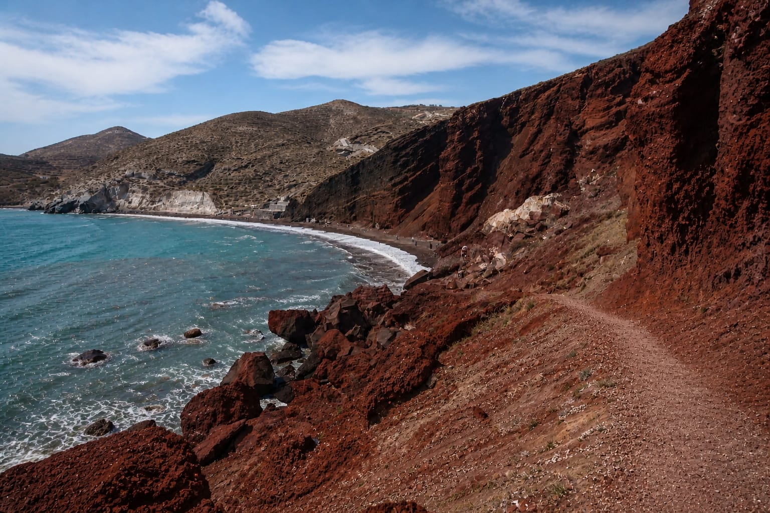 Red Beach in Santorini with dramatic coastal scenery
