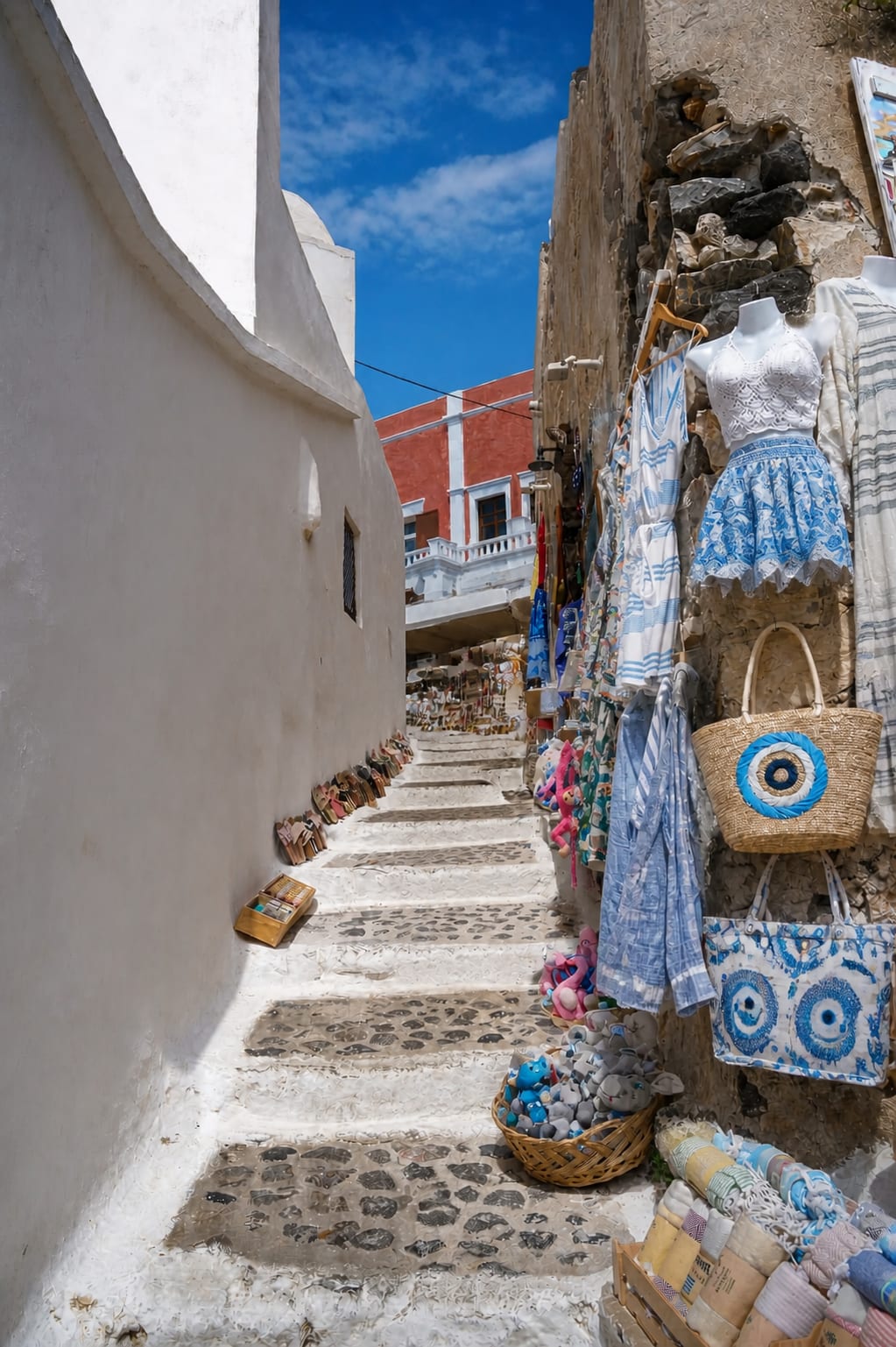 Scenic streets and traditional buildings in Pyrgos village, Santorini